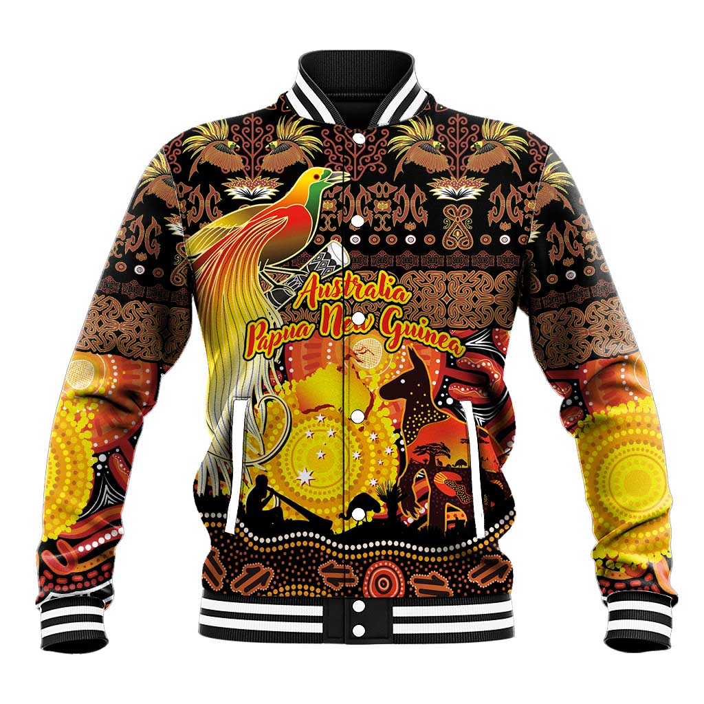 Personalized Australia and Papua New Guinea Together Baseball Jacket Kangaroo Aboriginal Art and Bird-of-paradise Oro Tribal Motifs LT03 Unisex Black - Polynesian Pride