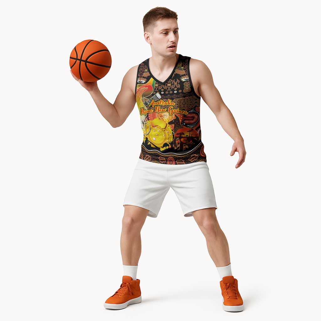 Personalized Australia and Papua New Guinea Together Basketball Jersey Kangaroo Aboriginal Art and Bird-of-paradise Oro Tribal Motifs LT03 - Polynesian Pride