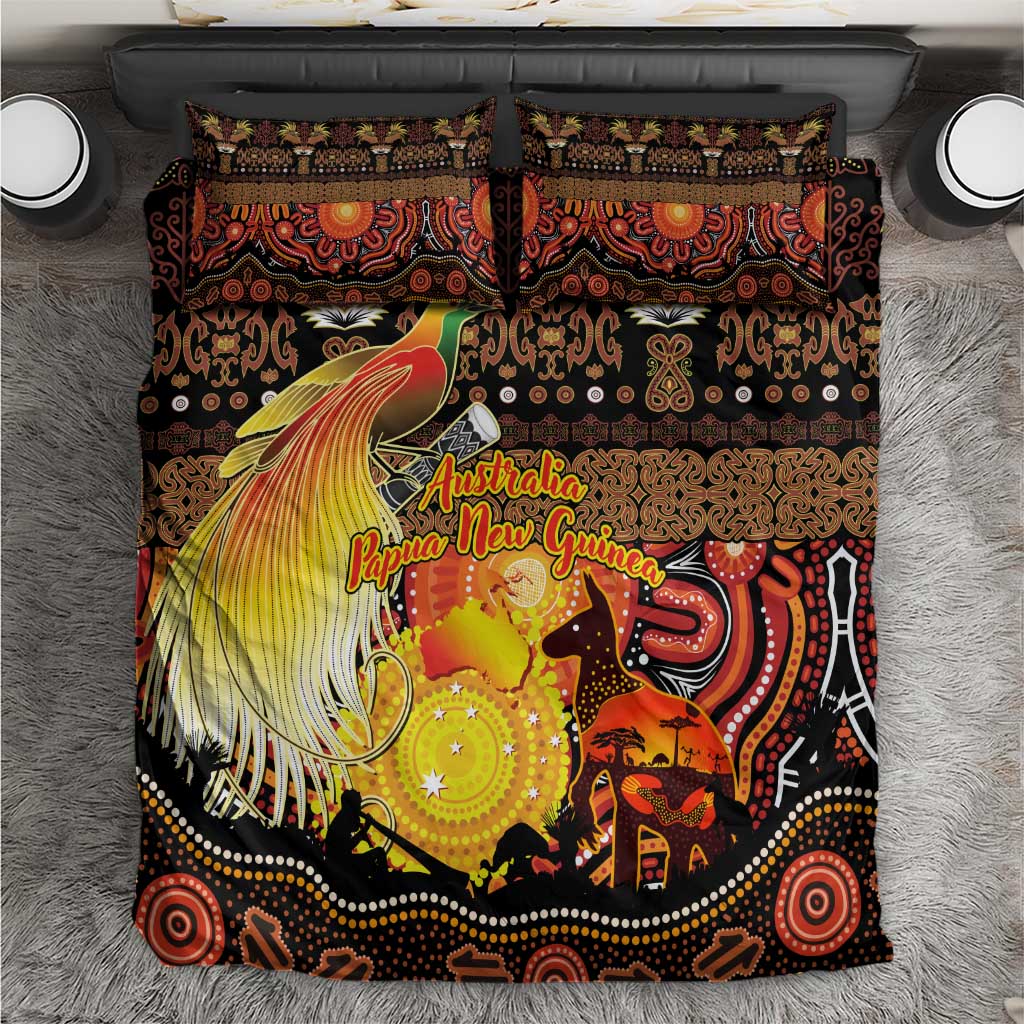 Australia and Papua New Guinea Together Bedding Set Kangaroo Aboriginal Art and Bird-of-paradise Oro Tribal Motifs - Polynesian Pride