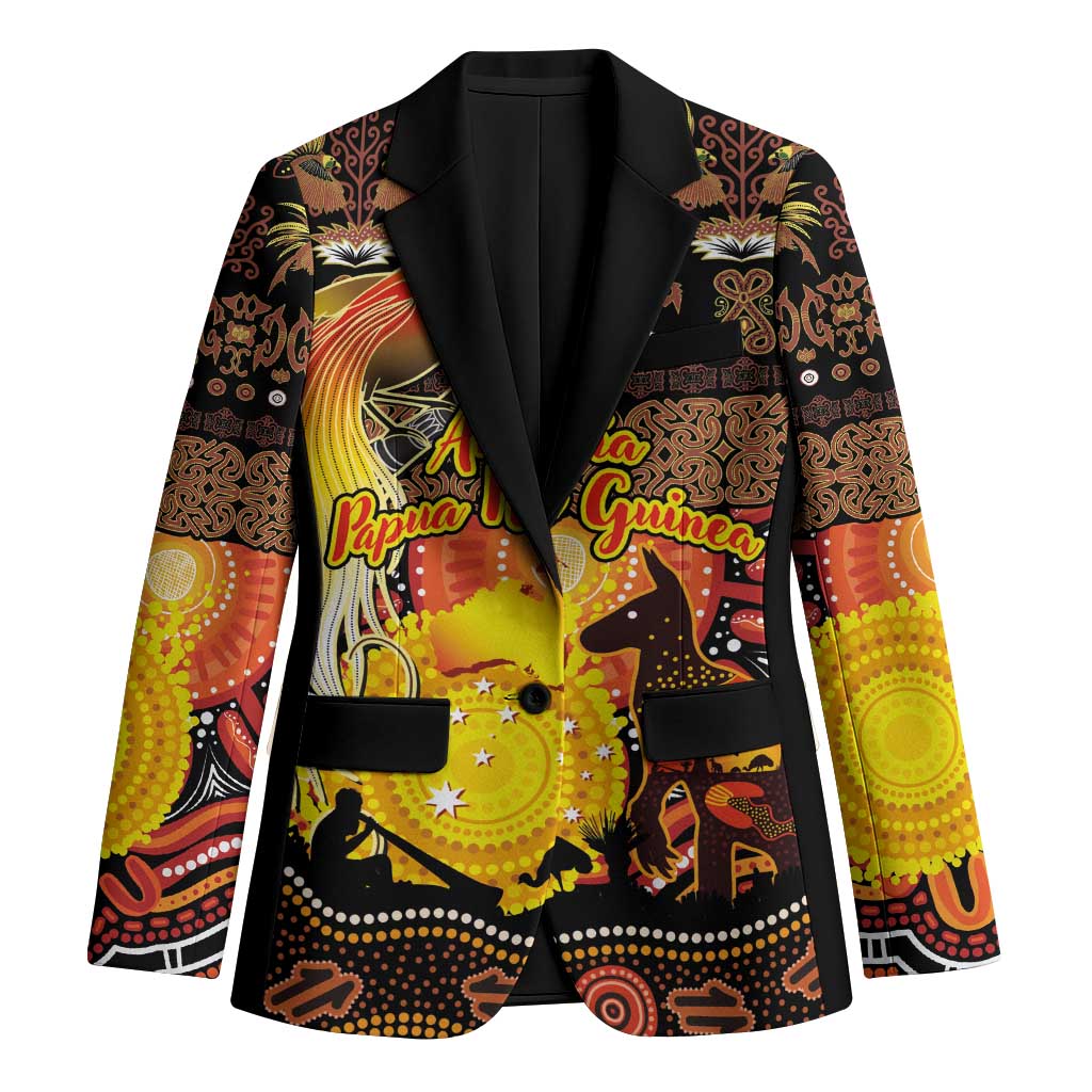 Personalized Australia and Papua New Guinea Together Blazer Kangaroo Aboriginal Art and Bird-of-paradise Oro Tribal Motifs LT03 Unisex Black - Polynesian Pride