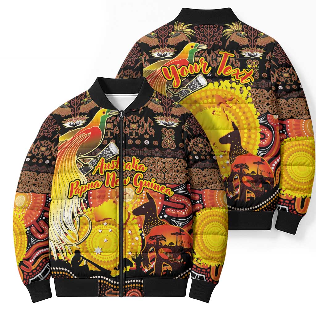 Personalized Australia and Papua New Guinea Together Bomber Puffer Jacket Kangaroo Aboriginal Art and Bird-of-paradise Oro Tribal Motifs LT03 - Polynesian Pride