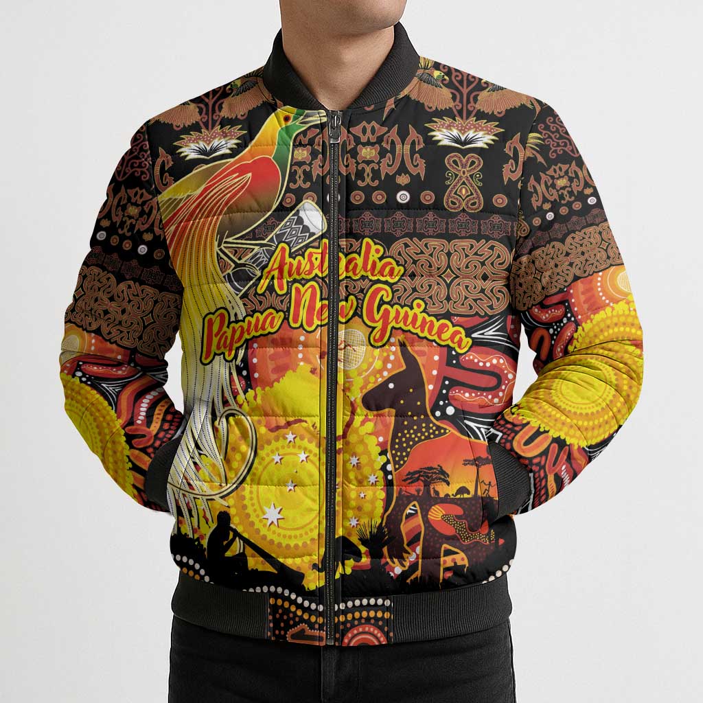 Personalized Australia and Papua New Guinea Together Bomber Puffer Jacket Kangaroo Aboriginal Art and Bird-of-paradise Oro Tribal Motifs LT03 - Polynesian Pride