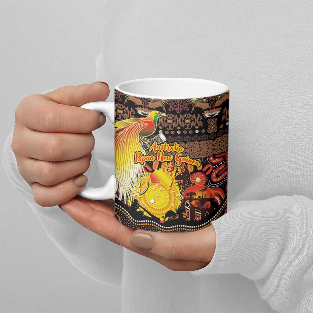 Personalized Australia and Papua New Guinea Together Ceramic Mug Kangaroo Aboriginal Art and Bird-of-paradise Oro Tribal Motifs - Polynesian Pride