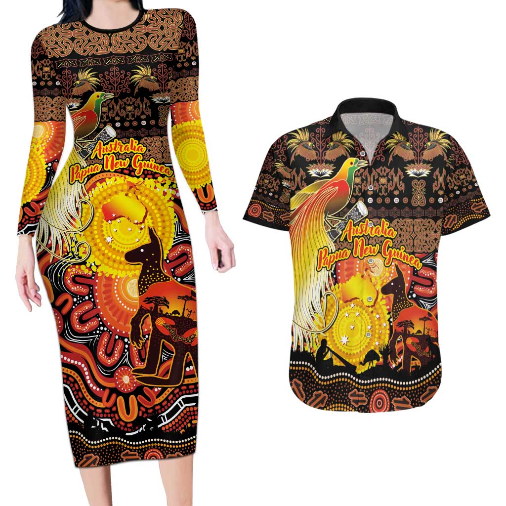 Personalized Australia and Papua New Guinea Together Couples Matching Long Sleeve Bodycon Dress and Hawaiian Shirt Kangaroo Aboriginal Art and Bird-of-paradise Oro Tribal Motifs - Polynesian Pride