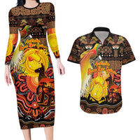 Personalized Australia and Papua New Guinea Together Couples Matching Long Sleeve Bodycon Dress and Hawaiian Shirt Kangaroo Aboriginal Art and Bird-of-paradise Oro Tribal Motifs - Polynesian Pride