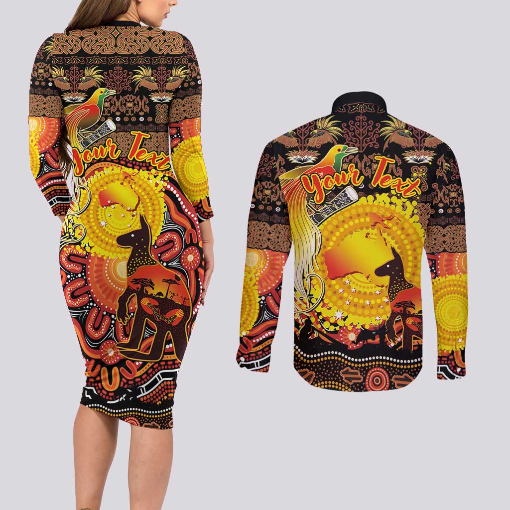 Personalized Australia and Papua New Guinea Together Couples Matching Long Sleeve Bodycon Dress and Long Sleeve Button Shirt Kangaroo Aboriginal Art and Bird-of-paradise Oro Tribal Motifs LT03 - Polynesian Pride