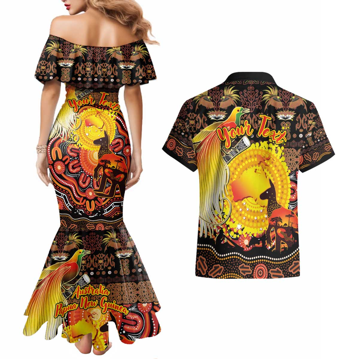 Personalized Australia and Papua New Guinea Together Couples Matching Mermaid Dress and Hawaiian Shirt Kangaroo Aboriginal Art and Bird-of-paradise Oro Tribal Motifs - Polynesian Pride