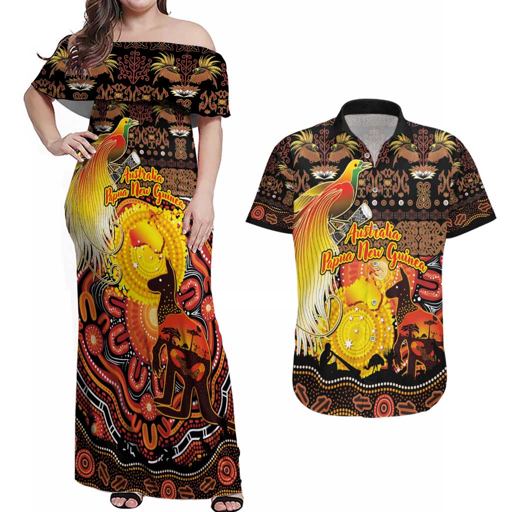 Personalized Australia and Papua New Guinea Together Couples Matching Off Shoulder Maxi Dress and Hawaiian Shirt Kangaroo Aboriginal Art and Bird-of-paradise Oro Tribal Motifs - Polynesian Pride