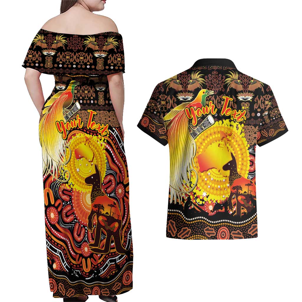 Personalized Australia and Papua New Guinea Together Couples Matching Off Shoulder Maxi Dress and Hawaiian Shirt Kangaroo Aboriginal Art and Bird-of-paradise Oro Tribal Motifs - Polynesian Pride
