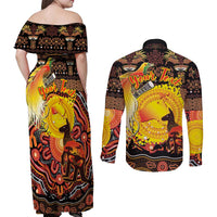 Personalized Australia and Papua New Guinea Together Couples Matching Off Shoulder Maxi Dress and Long Sleeve Button Shirt Kangaroo Aboriginal Art and Bird-of-paradise Oro Tribal Motifs LT03 - Polynesian Pride