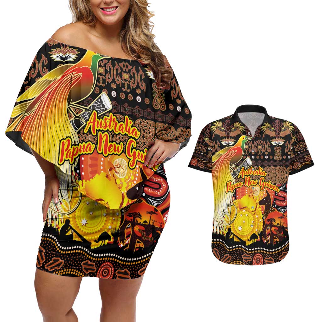 Personalized Australia and Papua New Guinea Together Couples Matching Off Shoulder Short Dress and Hawaiian Shirt Kangaroo Aboriginal Art and Bird-of-paradise Oro Tribal Motifs - Polynesian Pride