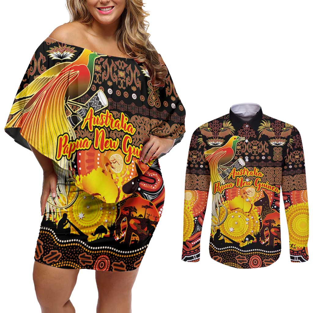 Personalized Australia and Papua New Guinea Together Couples Matching Off Shoulder Short Dress and Long Sleeve Button Shirt Kangaroo Aboriginal Art and Bird-of-paradise Oro Tribal Motifs LT03 Black - Polynesian Pride