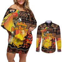 Personalized Australia and Papua New Guinea Together Couples Matching Off Shoulder Short Dress and Long Sleeve Button Shirt Kangaroo Aboriginal Art and Bird-of-paradise Oro Tribal Motifs LT03 Black - Polynesian Pride