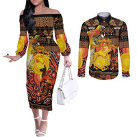 Personalized Australia and Papua New Guinea Together Couples Matching Off The Shoulder Long Sleeve Dress and Long Sleeve Button Shirt Kangaroo Aboriginal Art and Bird-of-paradise Oro Tribal Motifs LT03 Black - Polynesian Pride