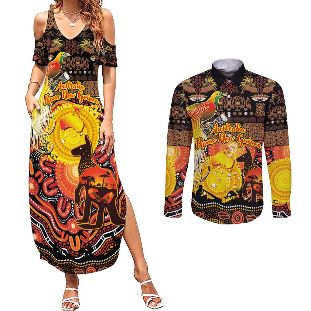 Personalized Australia and Papua New Guinea Together Couples Matching Summer Maxi Dress and Long Sleeve Button Shirt Kangaroo Aboriginal Art and Bird-of-paradise Oro Tribal Motifs LT03 Black - Polynesian Pride