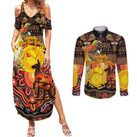 Personalized Australia and Papua New Guinea Together Couples Matching Summer Maxi Dress and Long Sleeve Button Shirt Kangaroo Aboriginal Art and Bird-of-paradise Oro Tribal Motifs LT03 Black - Polynesian Pride