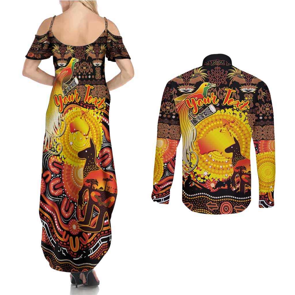Personalized Australia and Papua New Guinea Together Couples Matching Summer Maxi Dress and Long Sleeve Button Shirt Kangaroo Aboriginal Art and Bird-of-paradise Oro Tribal Motifs LT03 - Polynesian Pride