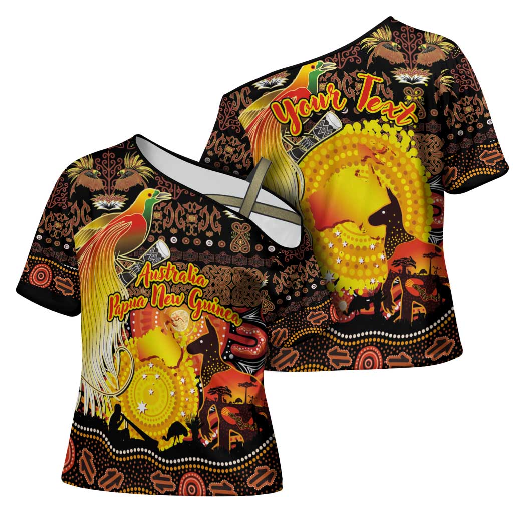 Personalized Australia and Papua New Guinea Together Cross Shoulder Shirt Kangaroo Aboriginal Art and Bird-of-paradise Oro Tribal Motifs LT03 - Polynesian Pride
