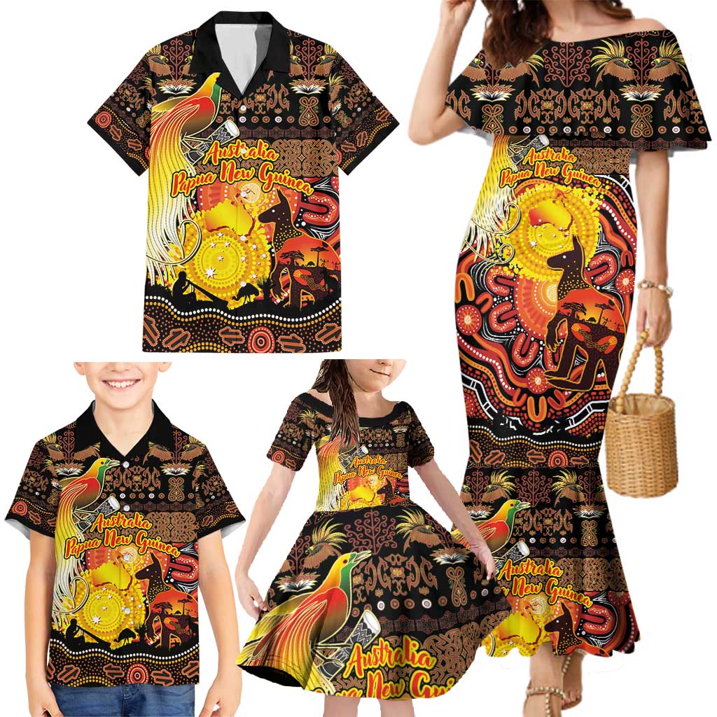 Personalized Australia and Papua New Guinea Together Family Matching Mermaid Dress and Hawaiian Shirt Kangaroo Aboriginal Art and Bird-of-paradise Oro Tribal Motifs - Polynesian Pride