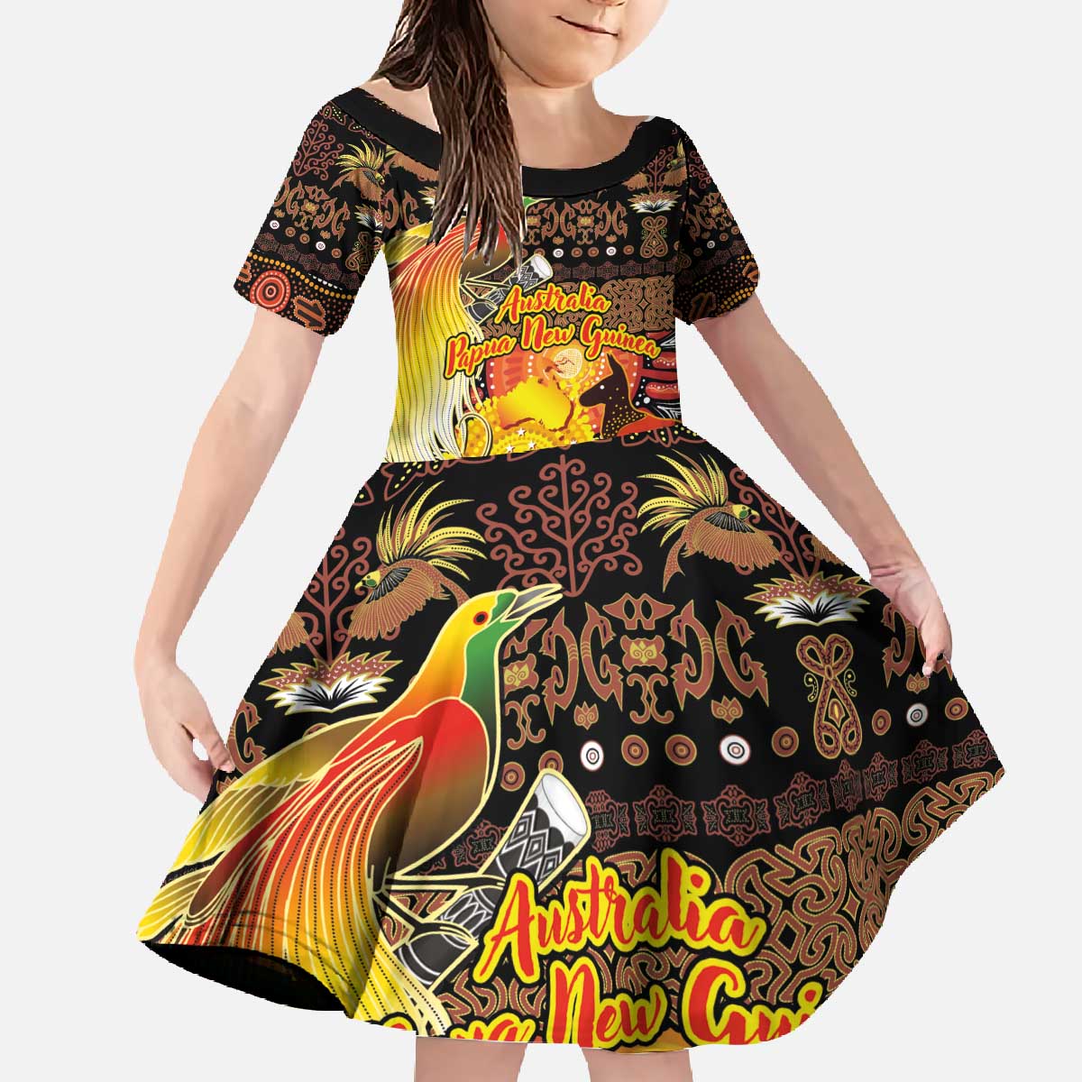 Personalized Australia and Papua New Guinea Together Family Matching Off The Shoulder Long Sleeve Dress and Hawaiian Shirt Kangaroo Aboriginal Art and Bird-of-paradise Oro Tribal Motifs - Polynesian Pride