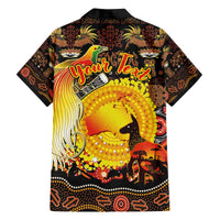Personalized Australia and Papua New Guinea Together Family Matching Off The Shoulder Long Sleeve Dress and Hawaiian Shirt Kangaroo Aboriginal Art and Bird-of-paradise Oro Tribal Motifs - Polynesian Pride