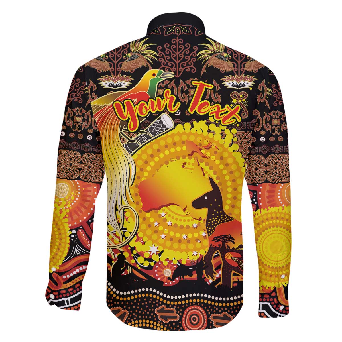 Personalized Australia and Papua New Guinea Together Family Matching Off The Shoulder Long Sleeve Dress and Hawaiian Shirt Kangaroo Aboriginal Art and Bird-of-paradise Oro Tribal Motifs - Polynesian Pride
