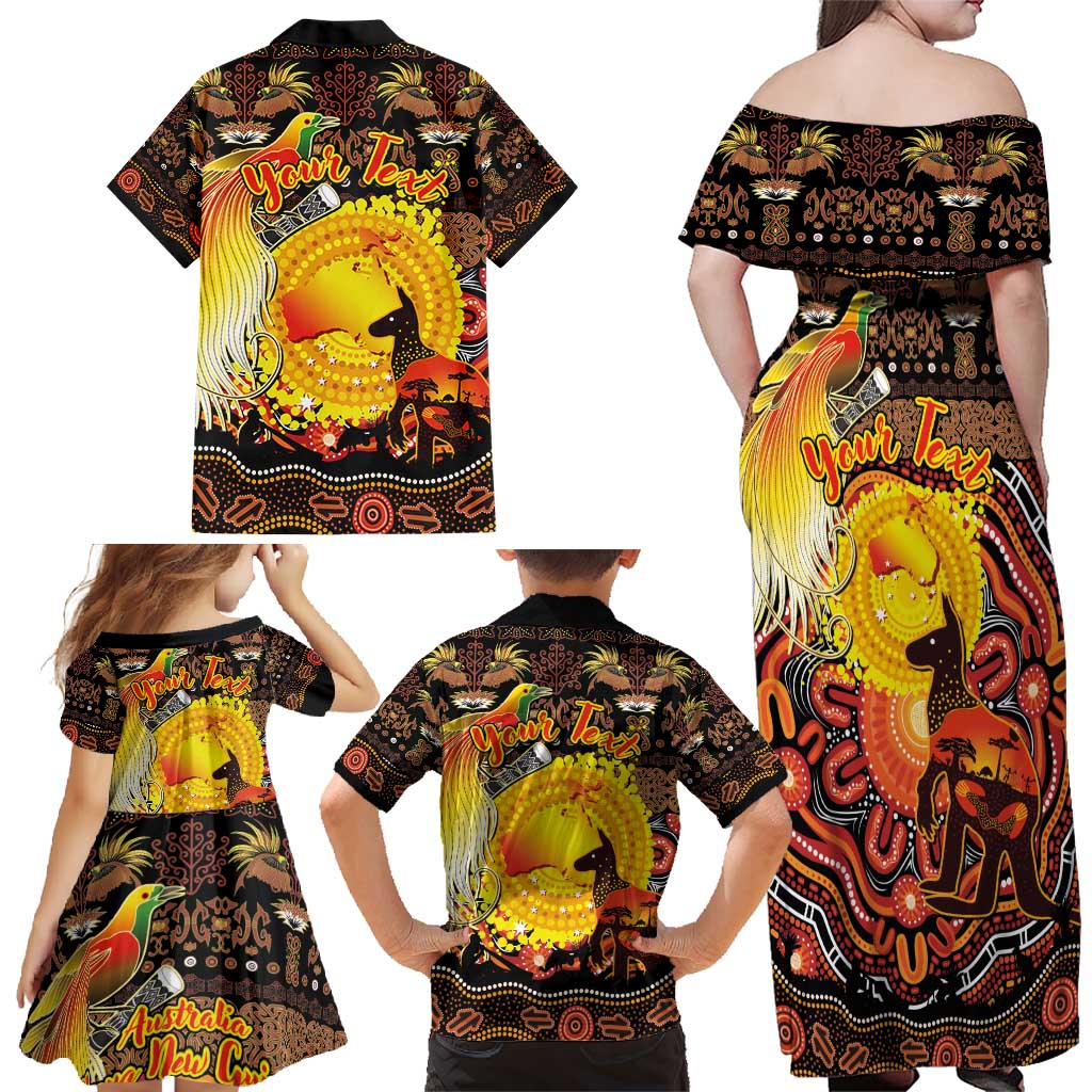 Personalized Australia and Papua New Guinea Together Family Matching Off Shoulder Maxi Dress and Hawaiian Shirt Kangaroo Aboriginal Art and Bird-of-paradise Oro Tribal Motifs - Polynesian Pride