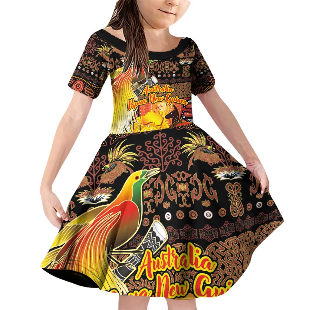 Personalized Australia and Papua New Guinea Together Family Matching Off Shoulder Short Dress and Hawaiian Shirt Kangaroo Aboriginal Art and Bird-of-paradise Oro Tribal Motifs - Polynesian Pride