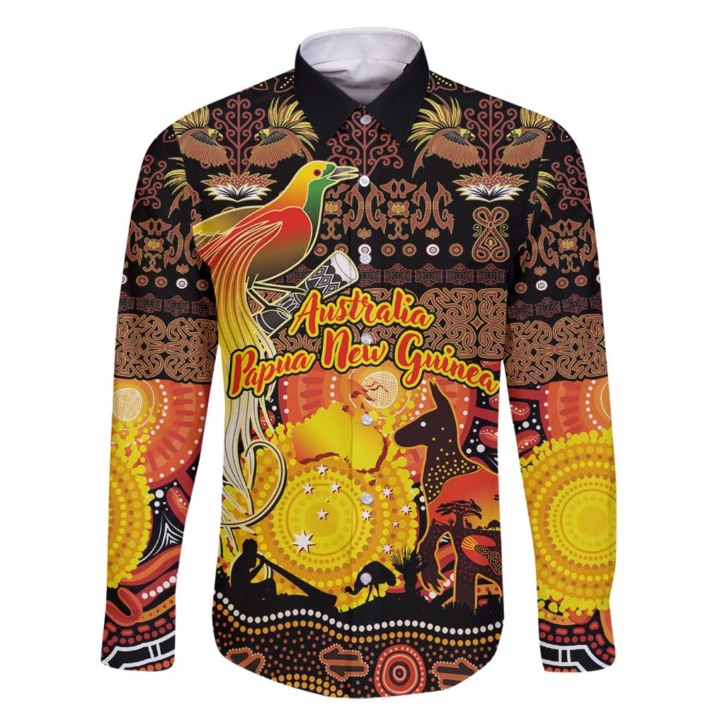 Personalized Australia and Papua New Guinea Together Family Matching Summer Maxi Dress and Hawaiian Shirt Kangaroo Aboriginal Art and Bird-of-paradise Oro Tribal Motifs LT03 Dad's Shirt - Long Sleeve Black - Polynesian Pride