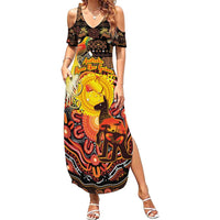 Personalized Australia and Papua New Guinea Together Family Matching Summer Maxi Dress and Hawaiian Shirt Kangaroo Aboriginal Art and Bird-of-paradise Oro Tribal Motifs LT03 Mom's Dress Black - Polynesian Pride