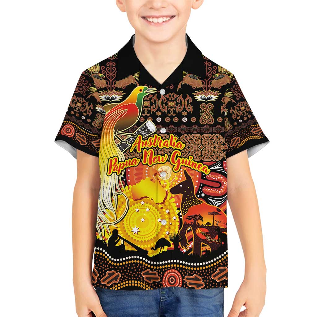 Personalized Australia and Papua New Guinea Together Family Matching Summer Maxi Dress and Hawaiian Shirt Kangaroo Aboriginal Art and Bird-of-paradise Oro Tribal Motifs LT03 Son's Shirt Black - Polynesian Pride
