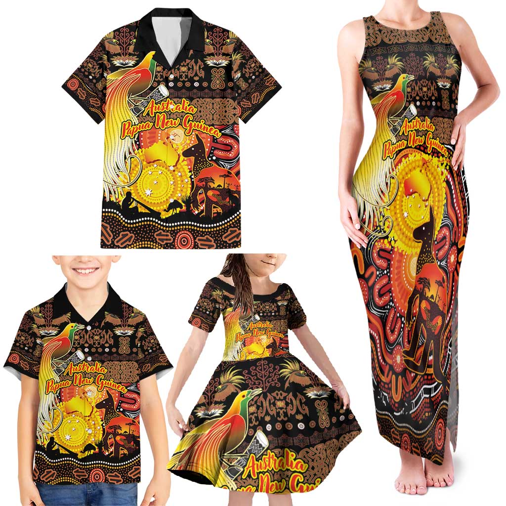 Personalized Australia and Papua New Guinea Together Family Matching Tank Maxi Dress and Hawaiian Shirt Kangaroo Aboriginal Art and Bird-of-paradise Oro Tribal Motifs - Polynesian Pride