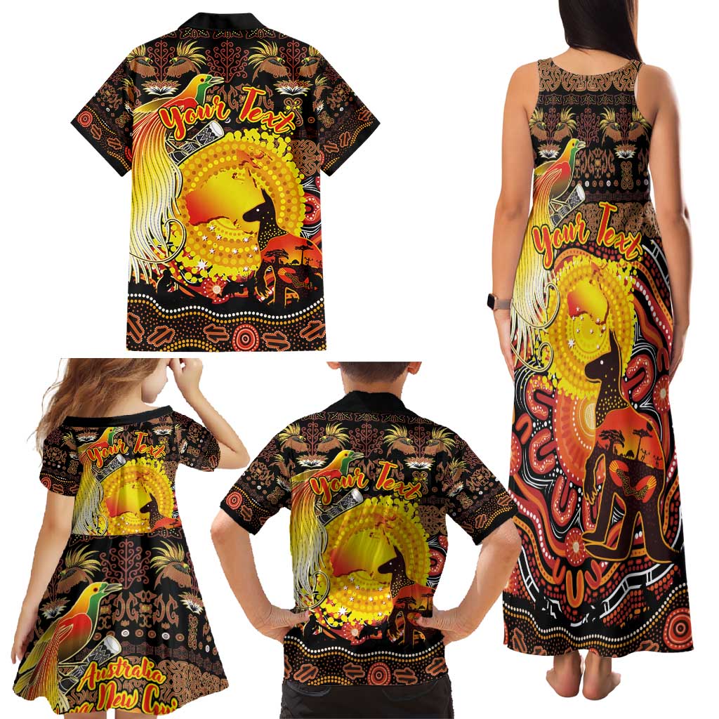 Personalized Australia and Papua New Guinea Together Family Matching Tank Maxi Dress and Hawaiian Shirt Kangaroo Aboriginal Art and Bird-of-paradise Oro Tribal Motifs - Polynesian Pride