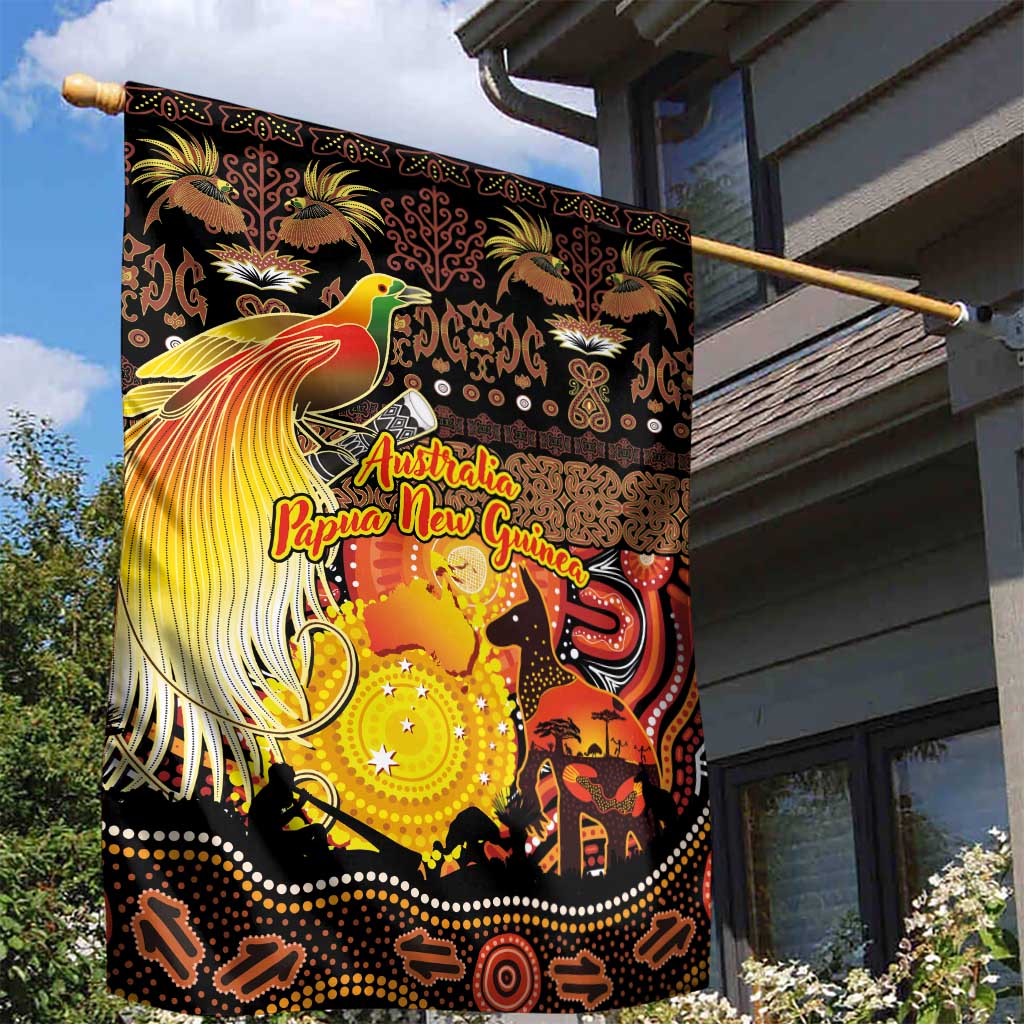 Australia and Papua New Guinea Together Garden Flag Kangaroo Aboriginal Art and Bird-of-paradise Oro Tribal Motifs LT03 - Polynesian Pride