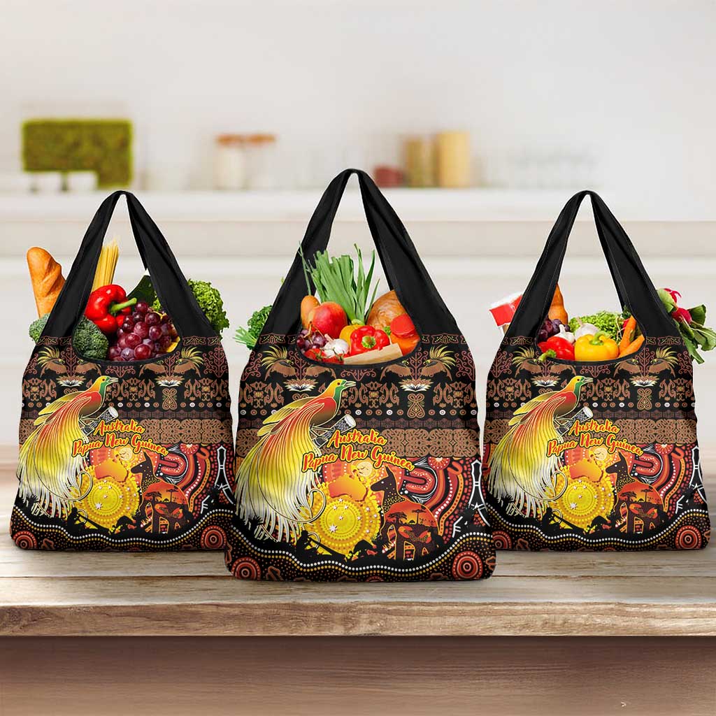 Australia and Papua New Guinea Together Grocery Bag Kangaroo Aboriginal Art and Bird-of-paradise Oro Tribal Motifs - Polynesian Pride