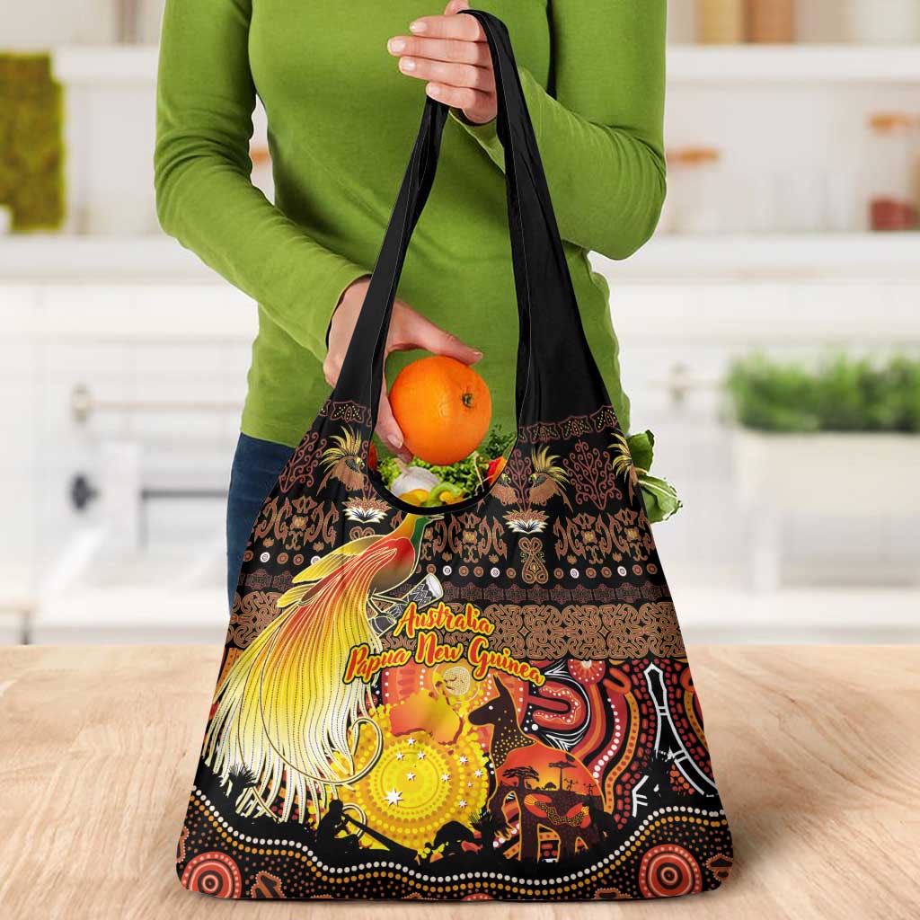 Australia and Papua New Guinea Together Grocery Bag Kangaroo Aboriginal Art and Bird-of-paradise Oro Tribal Motifs - Polynesian Pride