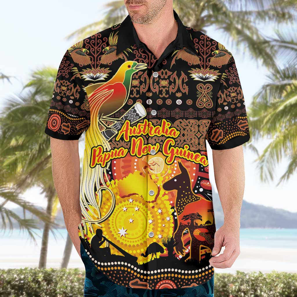 Personalized Australia and Papua New Guinea Together Hawaiian Shirt Kangaroo Aboriginal Art and Bird-of-paradise Oro Tribal Motifs - Polynesian Pride