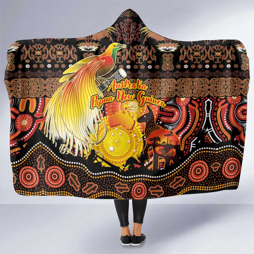 Australia and Papua New Guinea Together Hooded Blanket Kangaroo Aboriginal Art and Bird-of-paradise Oro Tribal Motifs - Polynesian Pride