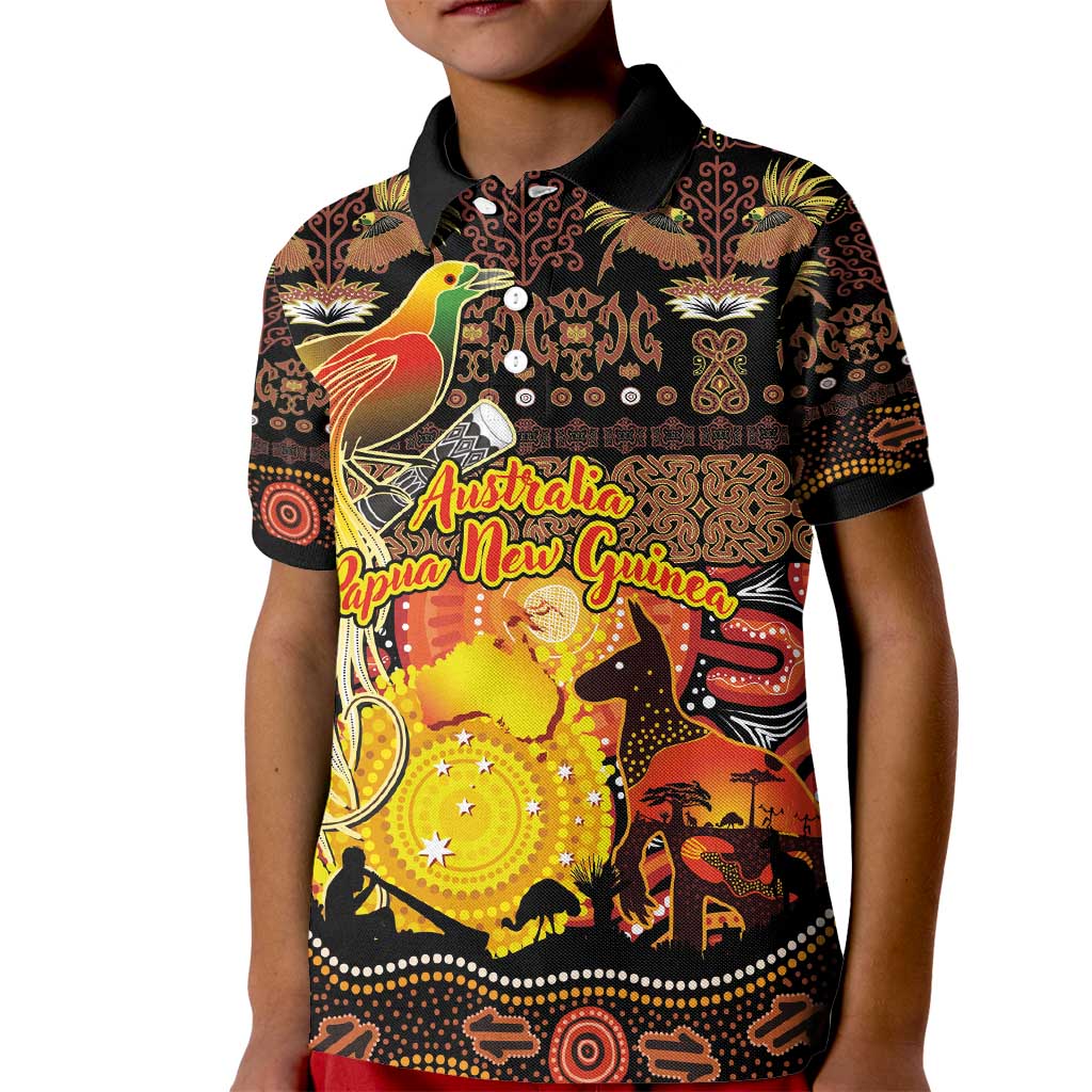 Personalized Australia and Papua New Guinea Together Kid Polo Shirt Kangaroo Aboriginal Art and Bird-of-paradise Oro Tribal Motifs LT03 Kid Black - Polynesian Pride