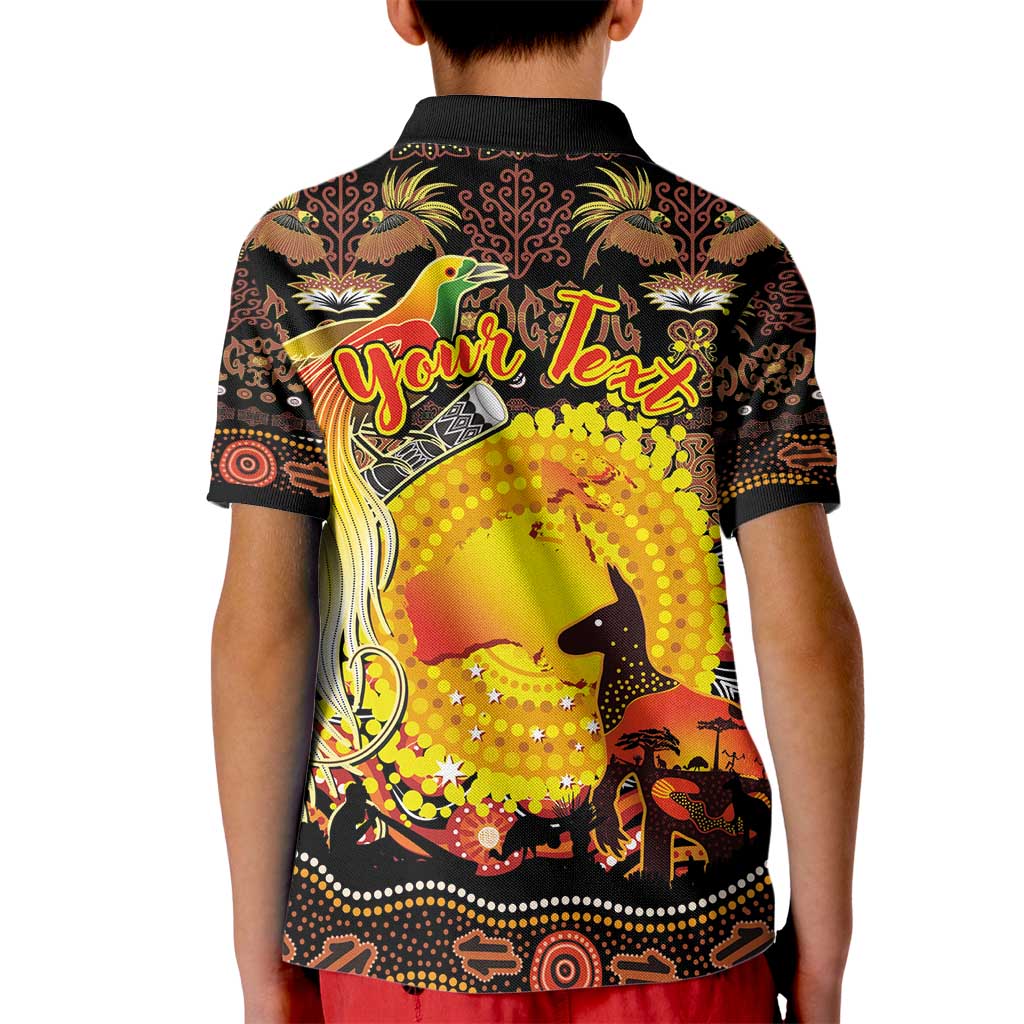 Personalized Australia and Papua New Guinea Together Kid Polo Shirt Kangaroo Aboriginal Art and Bird-of-paradise Oro Tribal Motifs LT03 - Polynesian Pride