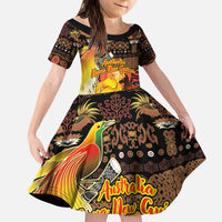 Personalized Australia and Papua New Guinea Together Kid Short Sleeve Dress Kangaroo Aboriginal Art and Bird-of-paradise Oro Tribal Motifs LT03 KID Black - Polynesian Pride