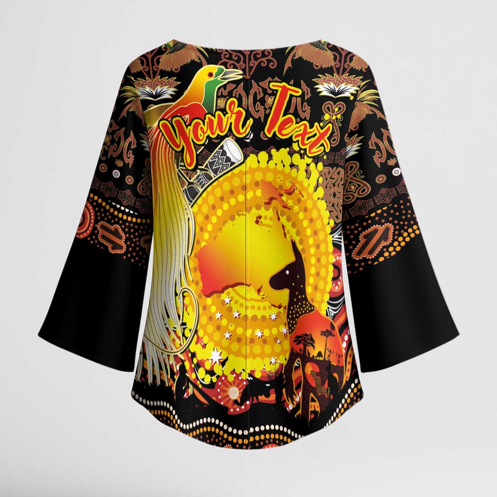 Personalized Australia and Papua New Guinea Together Kimono Sleeve Blouse Kangaroo Aboriginal Art and Bird-of-paradise Oro Tribal Motifs - Polynesian Pride