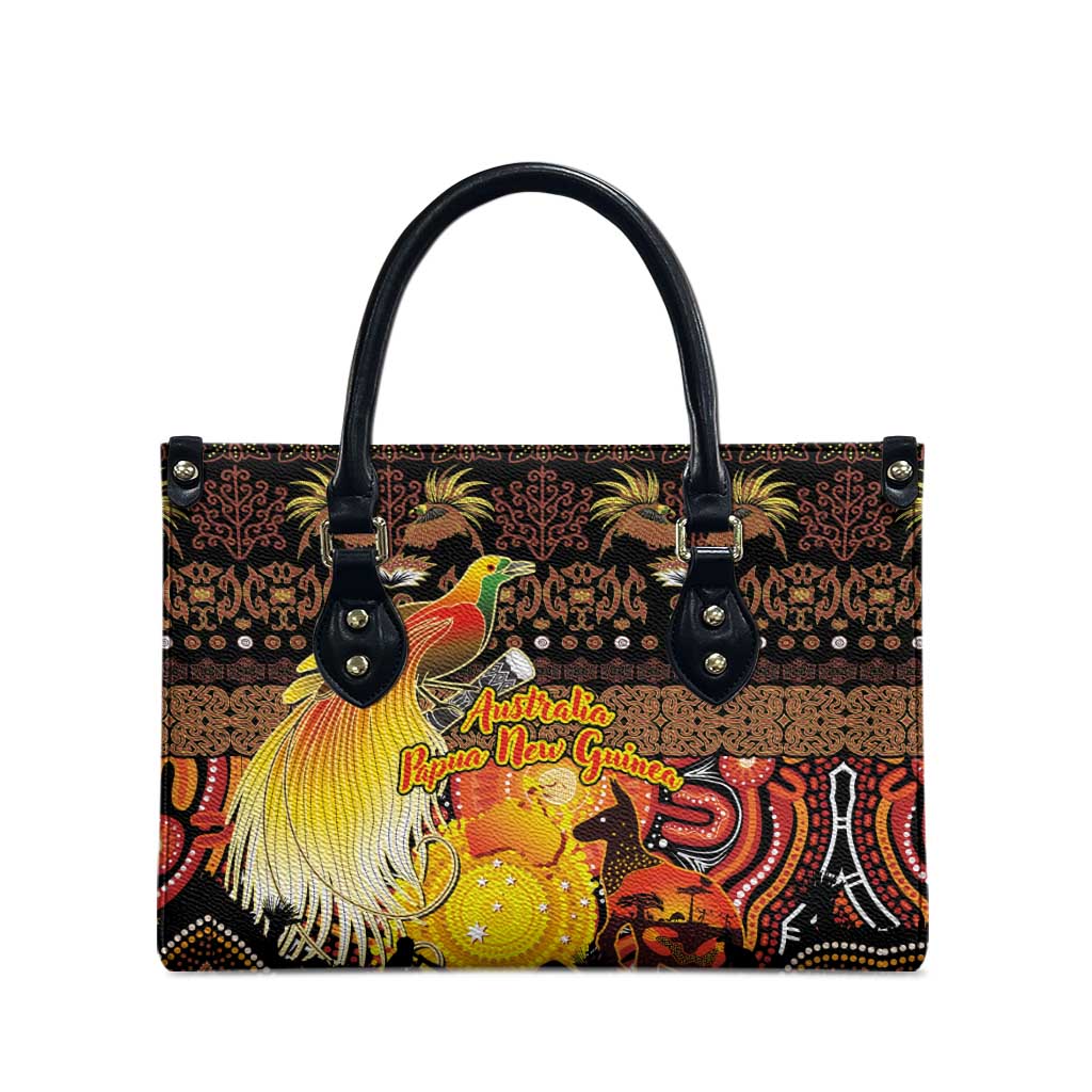 Australia and Papua New Guinea Together Leather Bag Kangaroo Aboriginal Art and Bird-of-paradise Oro Tribal Motifs - Polynesian Pride