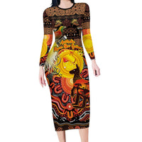 Personalized Australia and Papua New Guinea Together Long Sleeve Bodycon Dress Kangaroo Aboriginal Art and Bird-of-paradise Oro Tribal Motifs - Polynesian Pride
