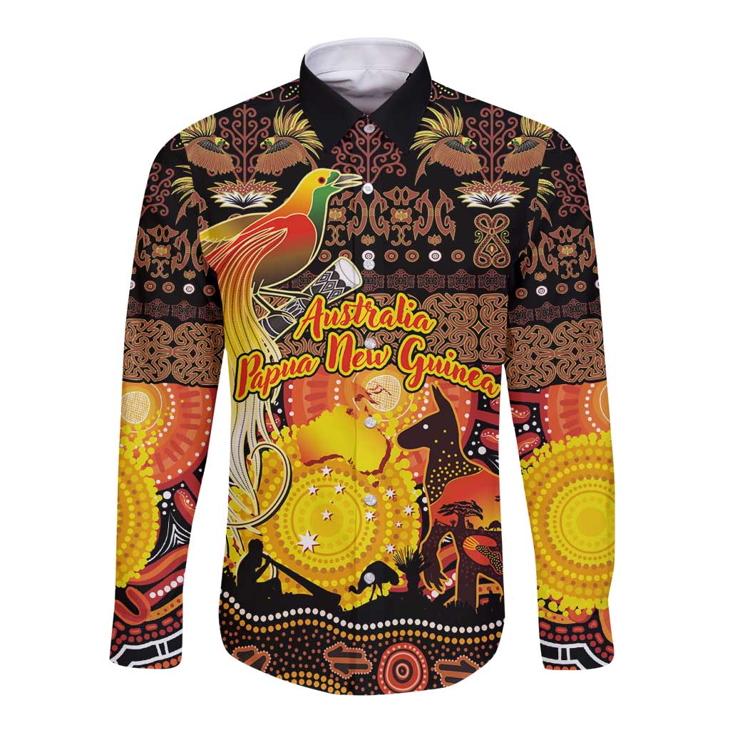 Personalized Australia and Papua New Guinea Together Long Sleeve Button Shirt Kangaroo Aboriginal Art and Bird-of-paradise Oro Tribal Motifs LT03 Unisex Black - Polynesian Pride
