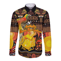 Personalized Australia and Papua New Guinea Together Long Sleeve Button Shirt Kangaroo Aboriginal Art and Bird-of-paradise Oro Tribal Motifs LT03 Unisex Black - Polynesian Pride