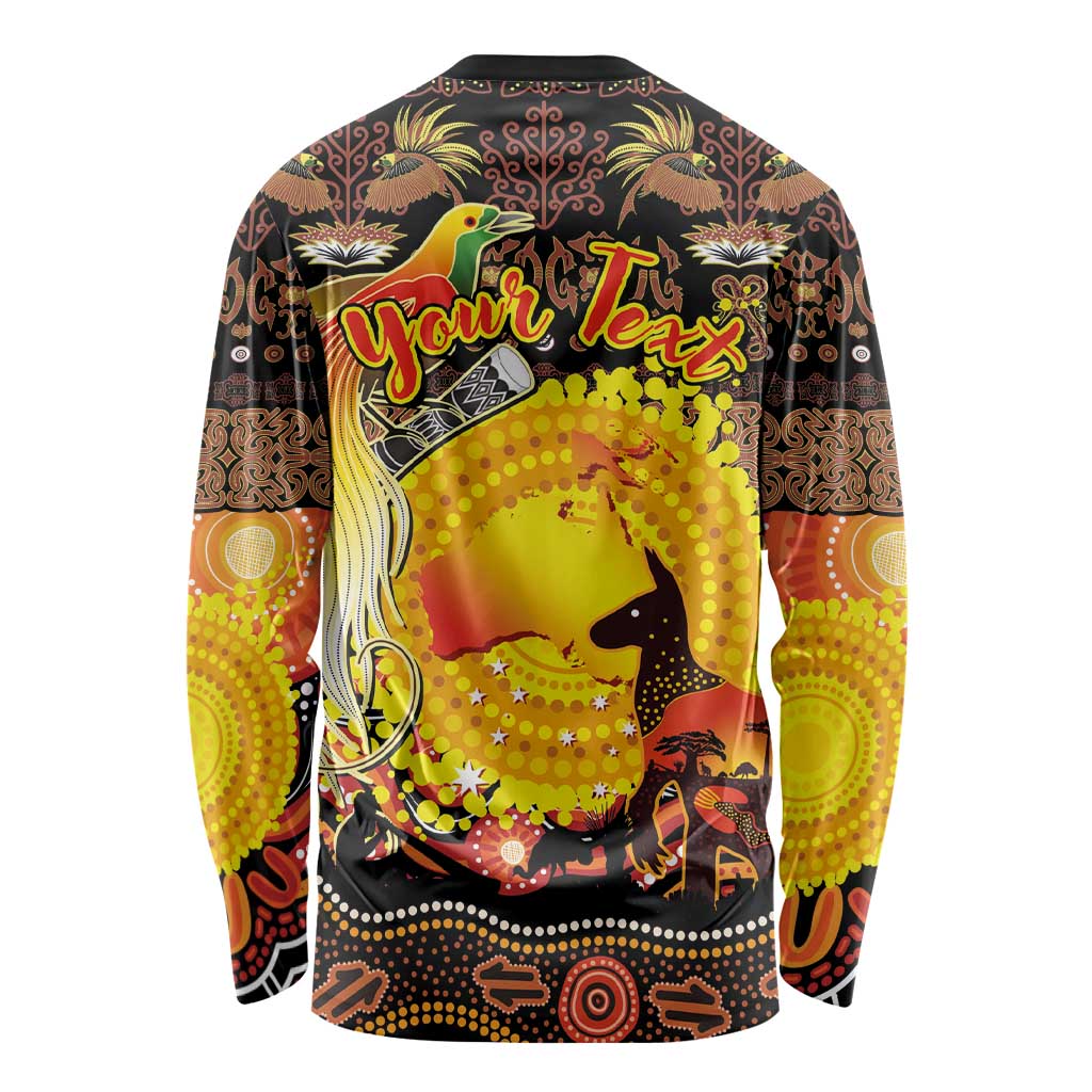 Personalized Australia and Papua New Guinea Together Long Sleeve Shirt Kangaroo Aboriginal Art and Bird-of-paradise Oro Tribal Motifs LT03 - Polynesian Pride