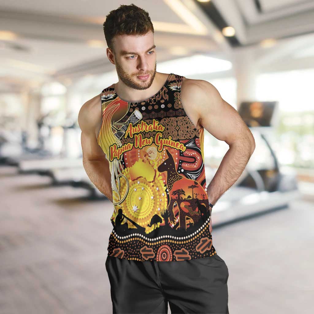 Personalized Australia and Papua New Guinea Together Men Tank Top Kangaroo Aboriginal Art and Bird-of-paradise Oro Tribal Motifs LT03 Black - Polynesian Pride