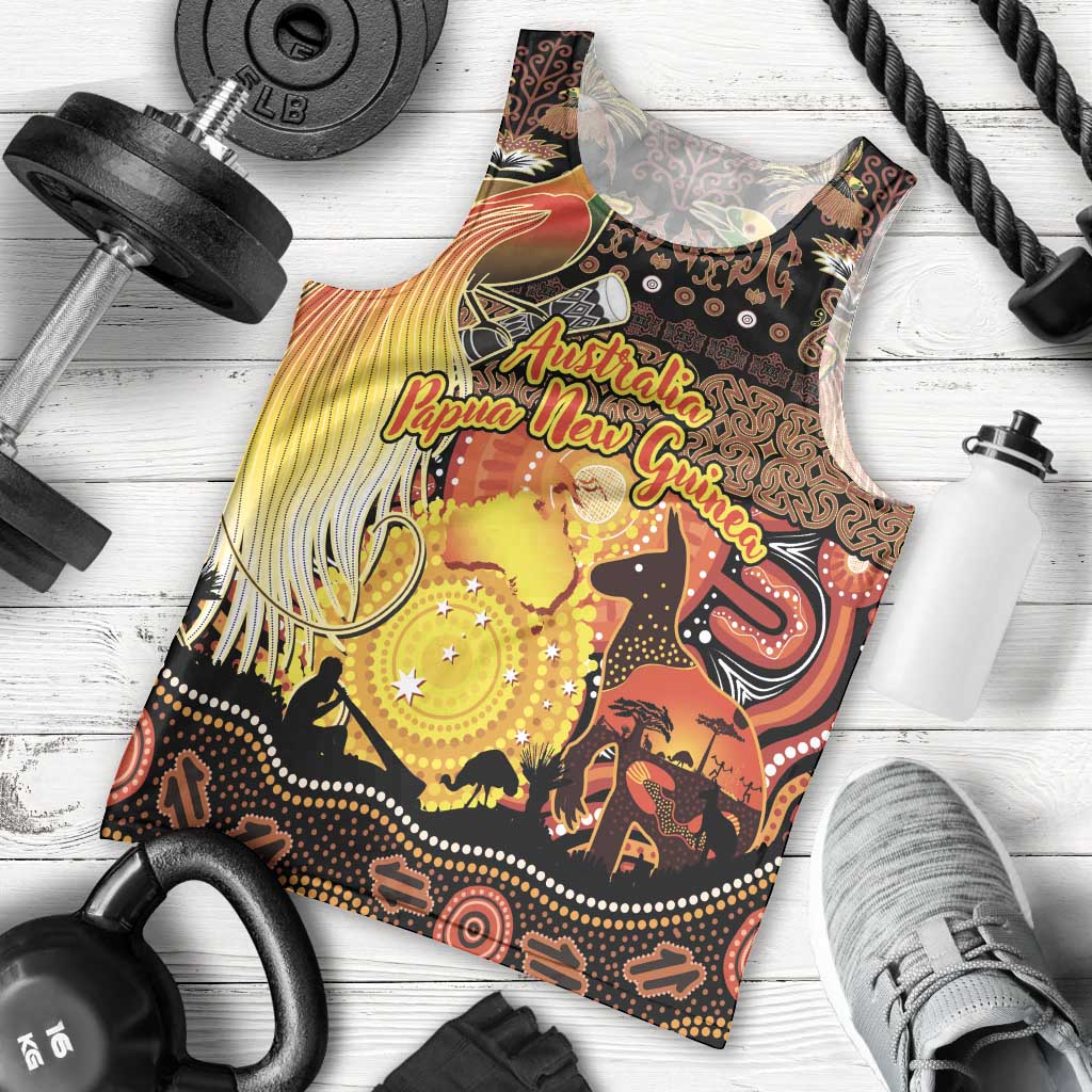 Personalized Australia and Papua New Guinea Together Men Tank Top Kangaroo Aboriginal Art and Bird-of-paradise Oro Tribal Motifs LT03 - Polynesian Pride