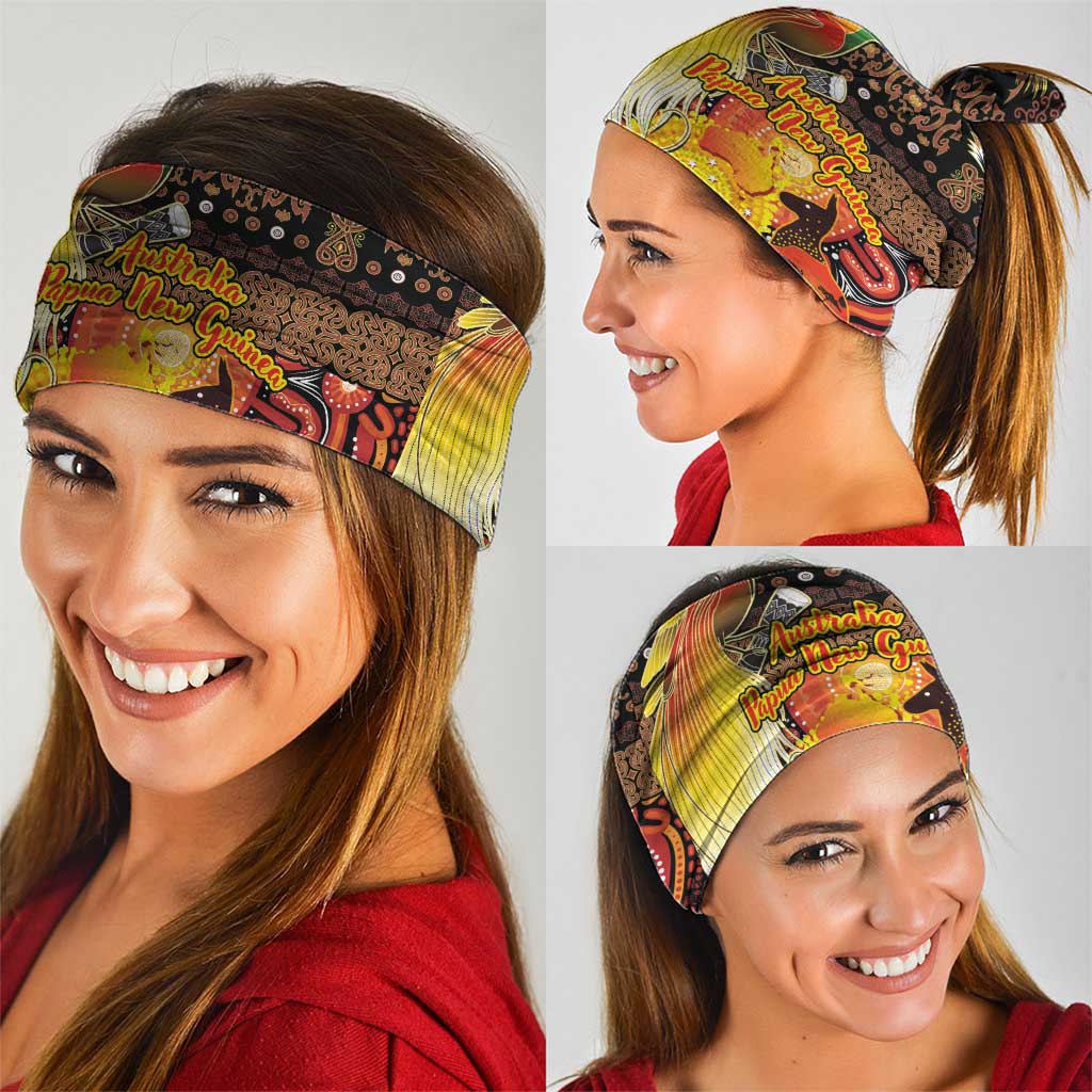 Australia and Papua New Guinea Together Neck Gaiter Kangaroo Aboriginal Art and Bird-of-paradise Oro Tribal Motifs LT03 - Polynesian Pride